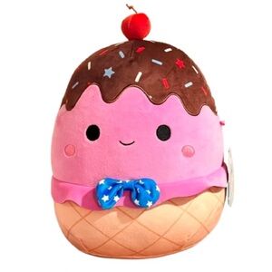 🆕-Squishmallow Sanjay- 11" Medium Pink Ice Cream Sundae w/Blue Star Bowtie Plush